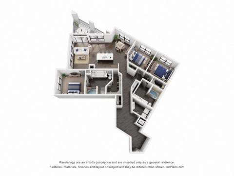 a stylized floor plan of a 2100 sq ft apartment